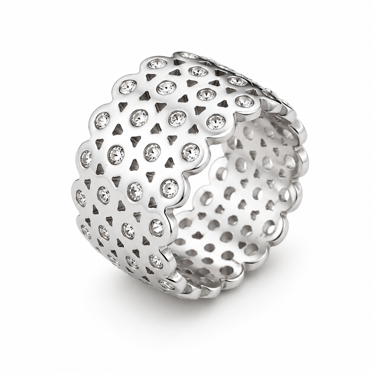Silver Rhinestone Wide Band Ring for Women Stainless Steel Statement Ring