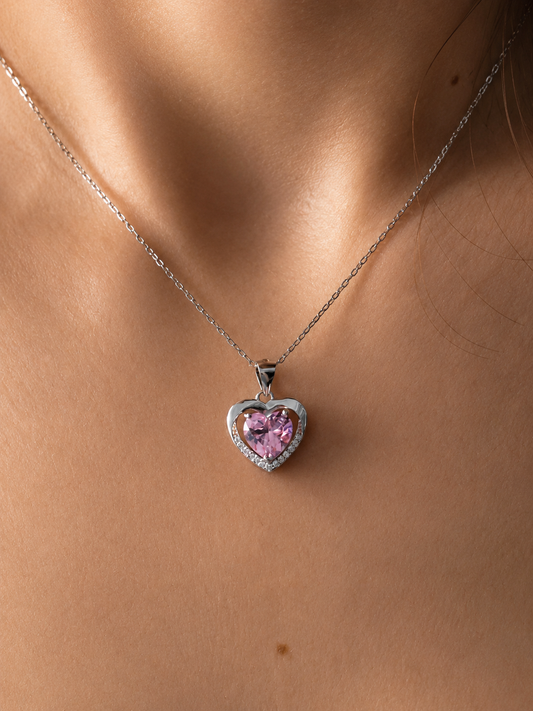 Pink Heart Crystal Gemstone Pendant Necklace in 925 Sterling Silver