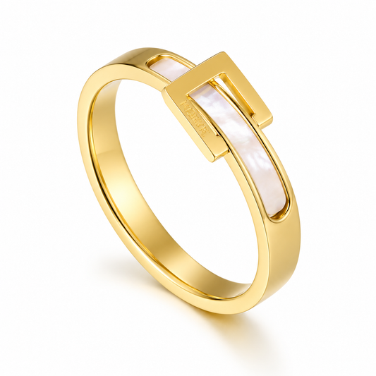 Gold Geometric Mother of Pearl Ring for Women Minimalist Stainless Steel Ring
