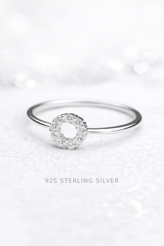 925 Sterling Silver Circular Halo Ring with Crystal Clear Stones