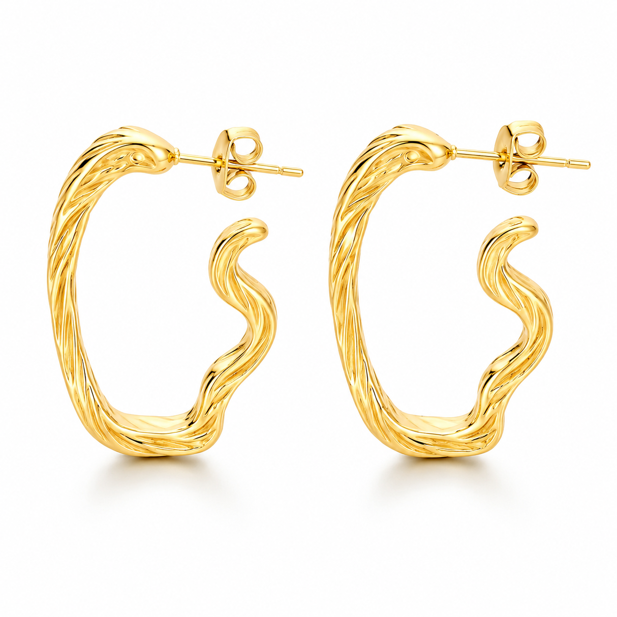 Organic Wave Hoop Earrings Bold Gold Stainless Steel Statement Earrings