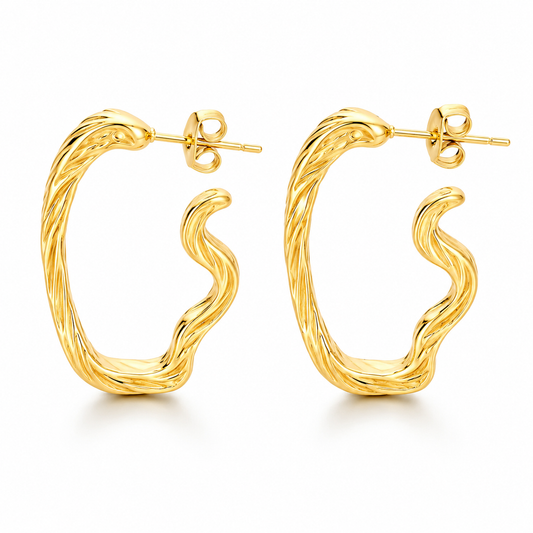 Organic Wave Hoop Earrings Bold Gold Stainless Steel Statement Earrings