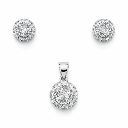 Set 925 Sterling Silver Halo Pendant & Stud Earrings Set with Pavé Stones Elegant Sparkle Jewelry Set