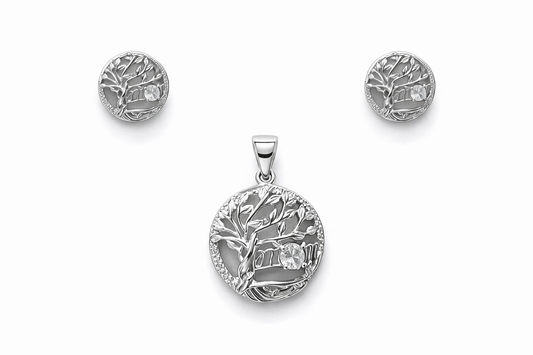 Set 925 Sterling Silver “Mom” Tree of Life Necklace & Stud Earrings Set with Pavé Stones Meaningful Jewelry Set
