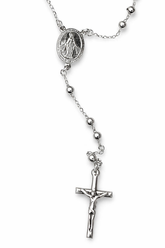 Solid 925 Sterling Silver Rosary Necklace High Polish Finish