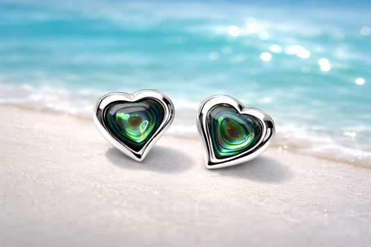 Heart Shaped Iridescent Shell Stud Earrings in 925 Sterling Silver