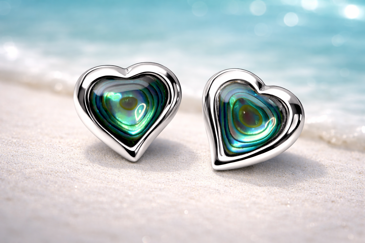 Heart Shaped Iridescent Shell Stud Earrings in 925 Sterling Silver