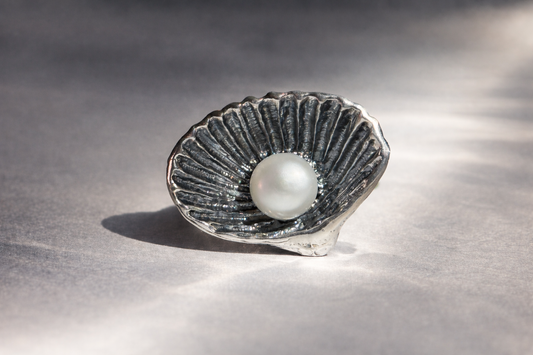 925 Sterling Silver Shell Ring with Natural Pearl Ocean Inspired Sculptural Design