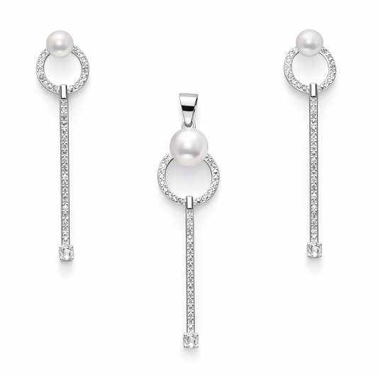 Set 925 Sterling Silver Pearl Drop Necklace & Long Earrings Set with Pavé Stones Elegant Sparkle Jewelry Set
