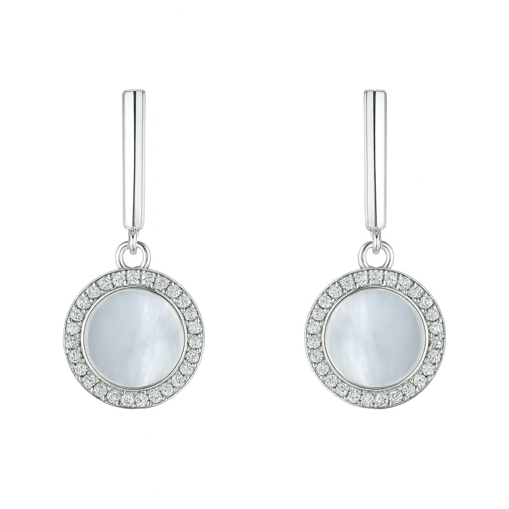925 Sterling Silver Mother of Pearl Drop Earrings Round Shell Disc Earrings with Crystal Halo