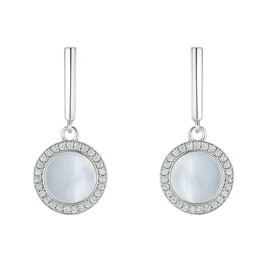 925 Sterling Silver Mother of Pearl Drop Earrings Round Shell Disc Earrings with Crystal Halo
