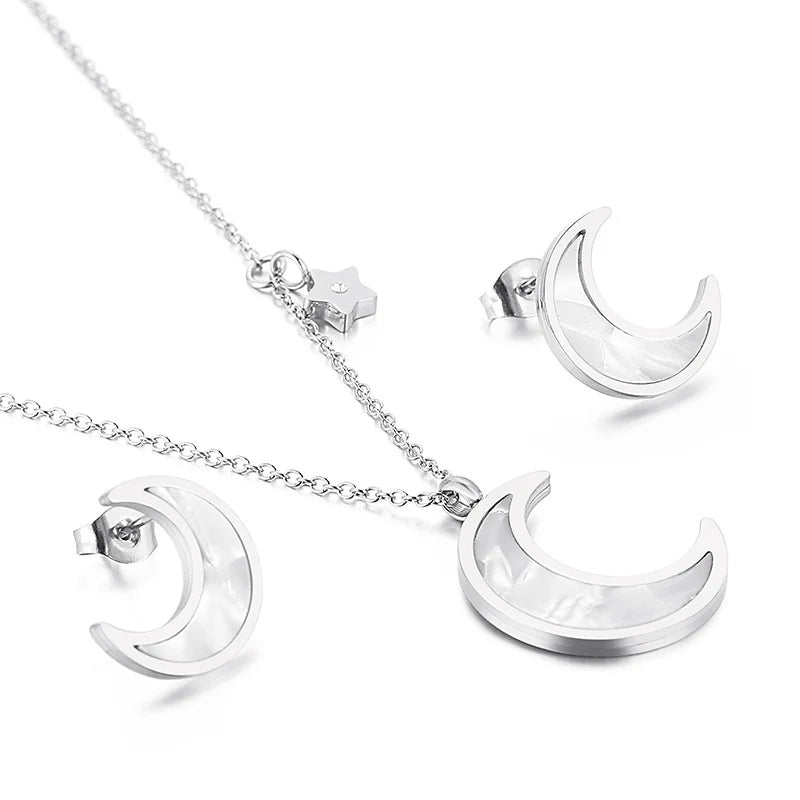 Silver Crescent Moon Jewelry Set Stainless Steel Necklace &amp; Earrings