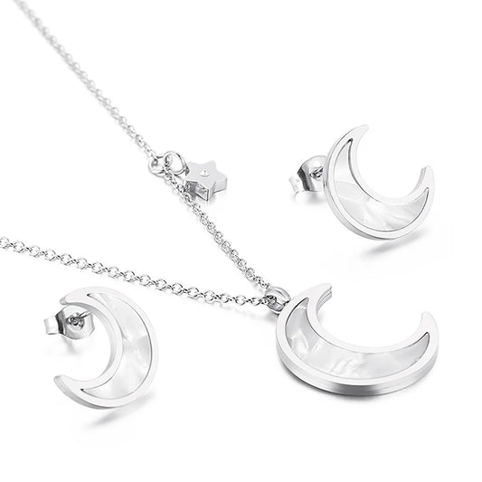 Silver Crescent Moon Jewelry Set Stainless Steel Necklace &amp; Earrings