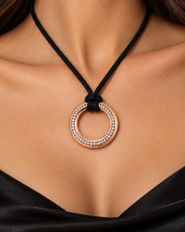 Rose Gold CZ Circle Pendant Cord Necklace