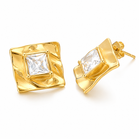 Textured Crystal Statement Stud Earrings Bold Contemporary Gold Earrings