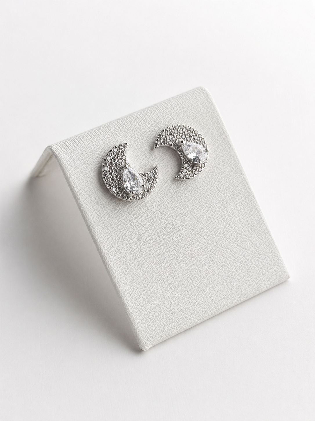 925 Sterling Silver Crescent Moon Earrings Pavé Crystal Moon Stud Earrings with Teardrop Stone