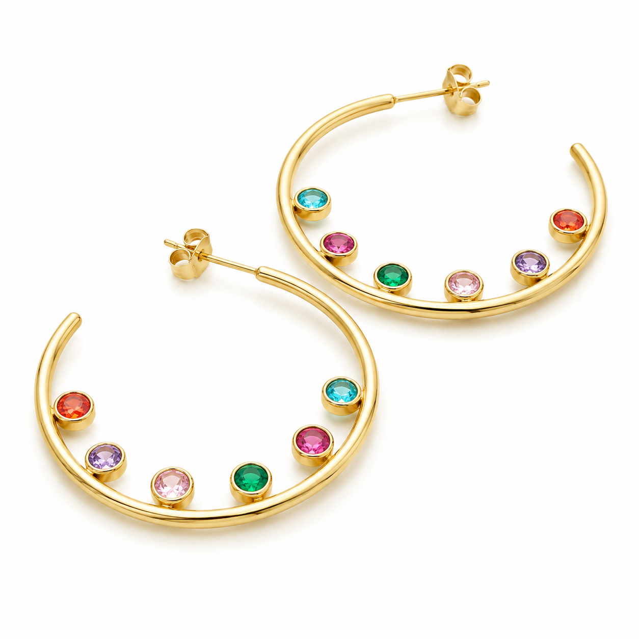Rainbow Crystal Open Hoop Earrings Colorful Gold Stainless Steel Statement Earrings