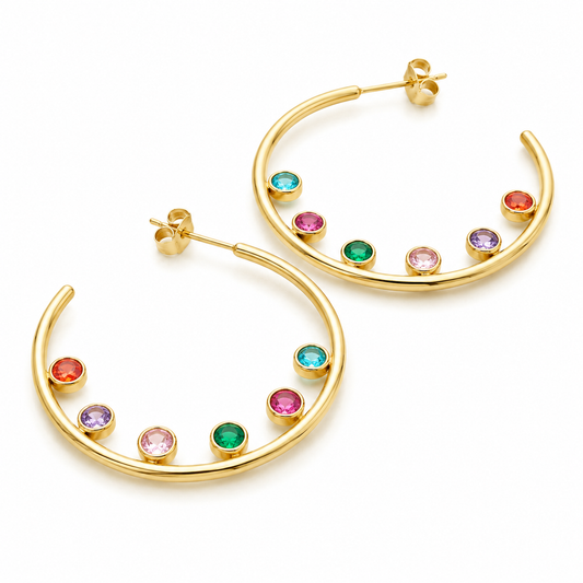 Rainbow Crystal Open Hoop Earrings Colorful Gold Stainless Steel Statement Earrings