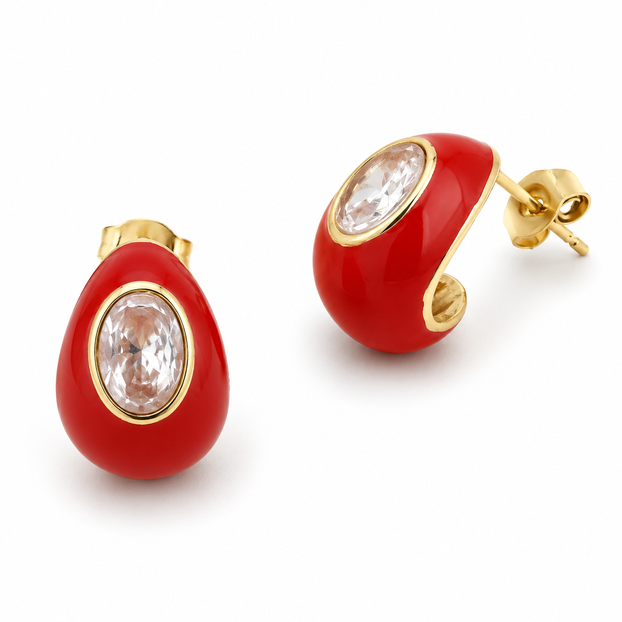 Red Resin Teardrop Earrings with Crystal Accent Gold Tone Statement Stud Earrings