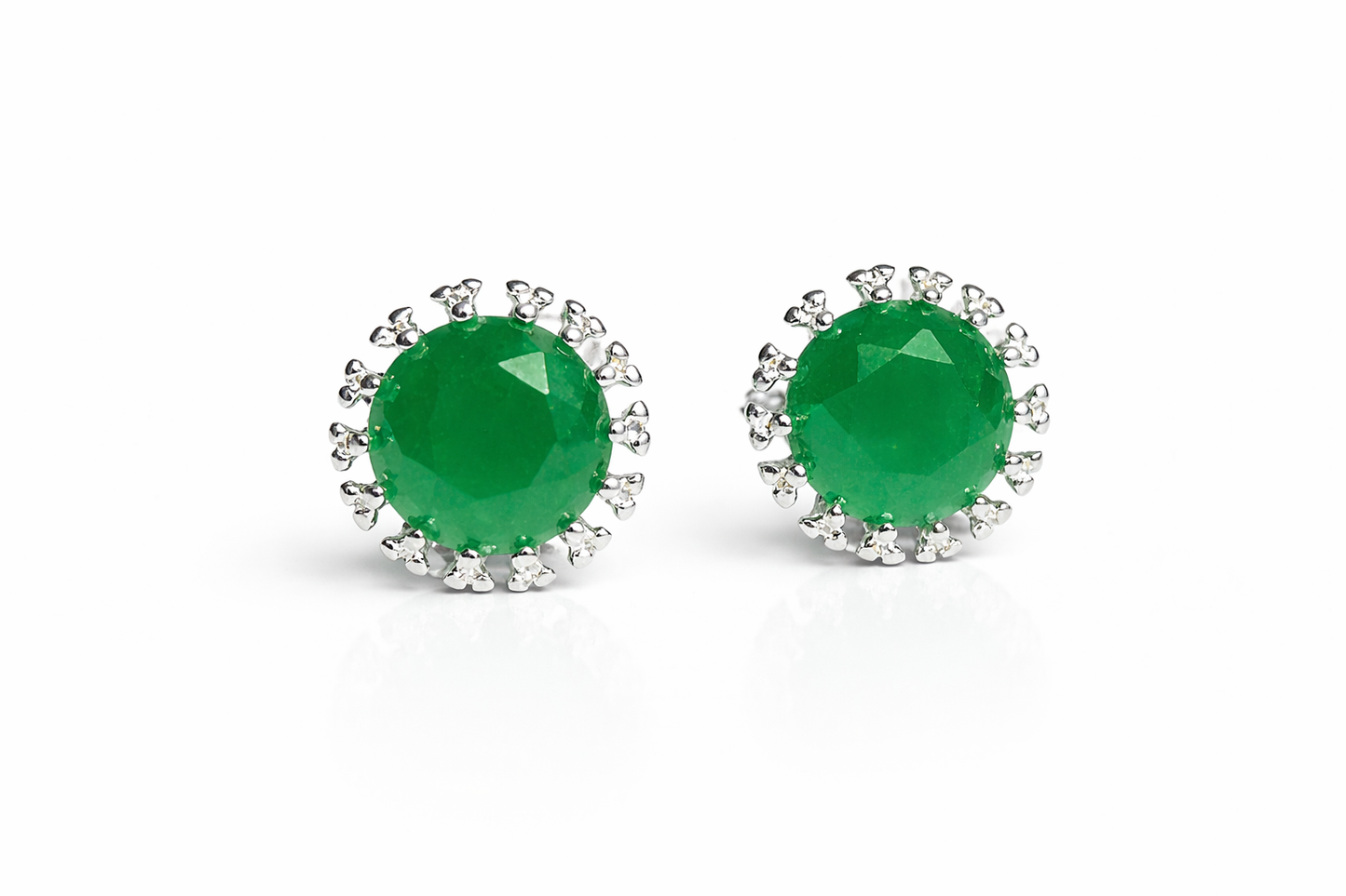 Round Green Stone Stud Earrings with Floral Silver Setting