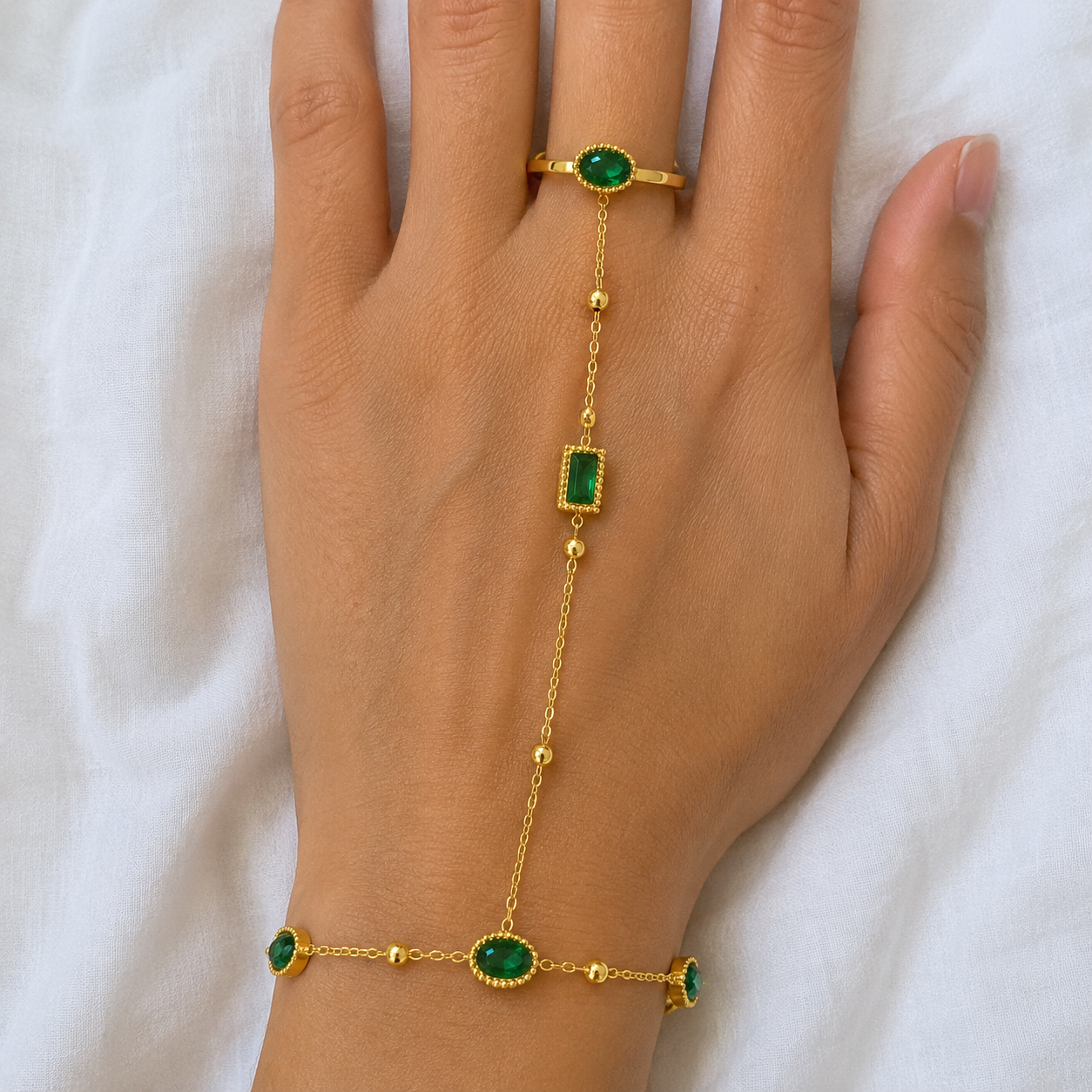 Gold Hand Chain Bracelet Ring with Emerald Green Crystal Stones for Women