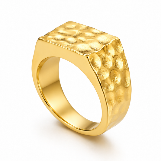 Gold Hammered Signet Ring Vintage Textured Stainless Steel Statement Ring