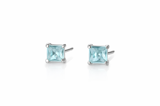 Diamond Inspired Light Blue Square Crystal Sterling Silver Stud Earrings