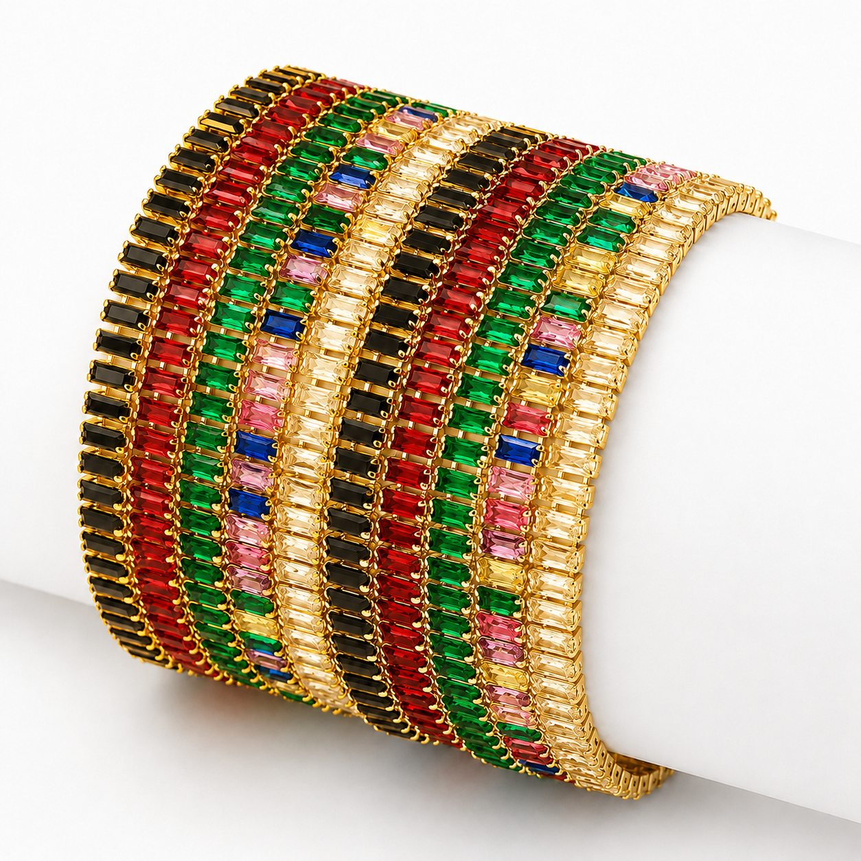 Gold Baguette Crystal Tennis Bracelet Colorful Stainless Steel Bracelet