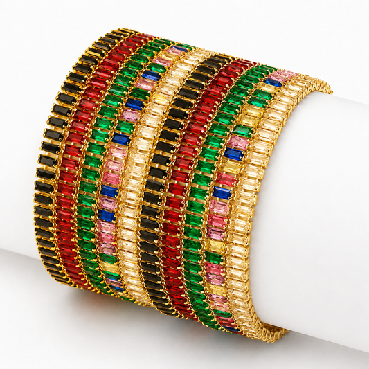 Gold Baguette Crystal Tennis Bracelet Colorful Stainless Steel Bracelet