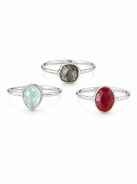 925 Sterling Silver Natural Gemstone Ring Set of 3 Minimalist Stackable Rings