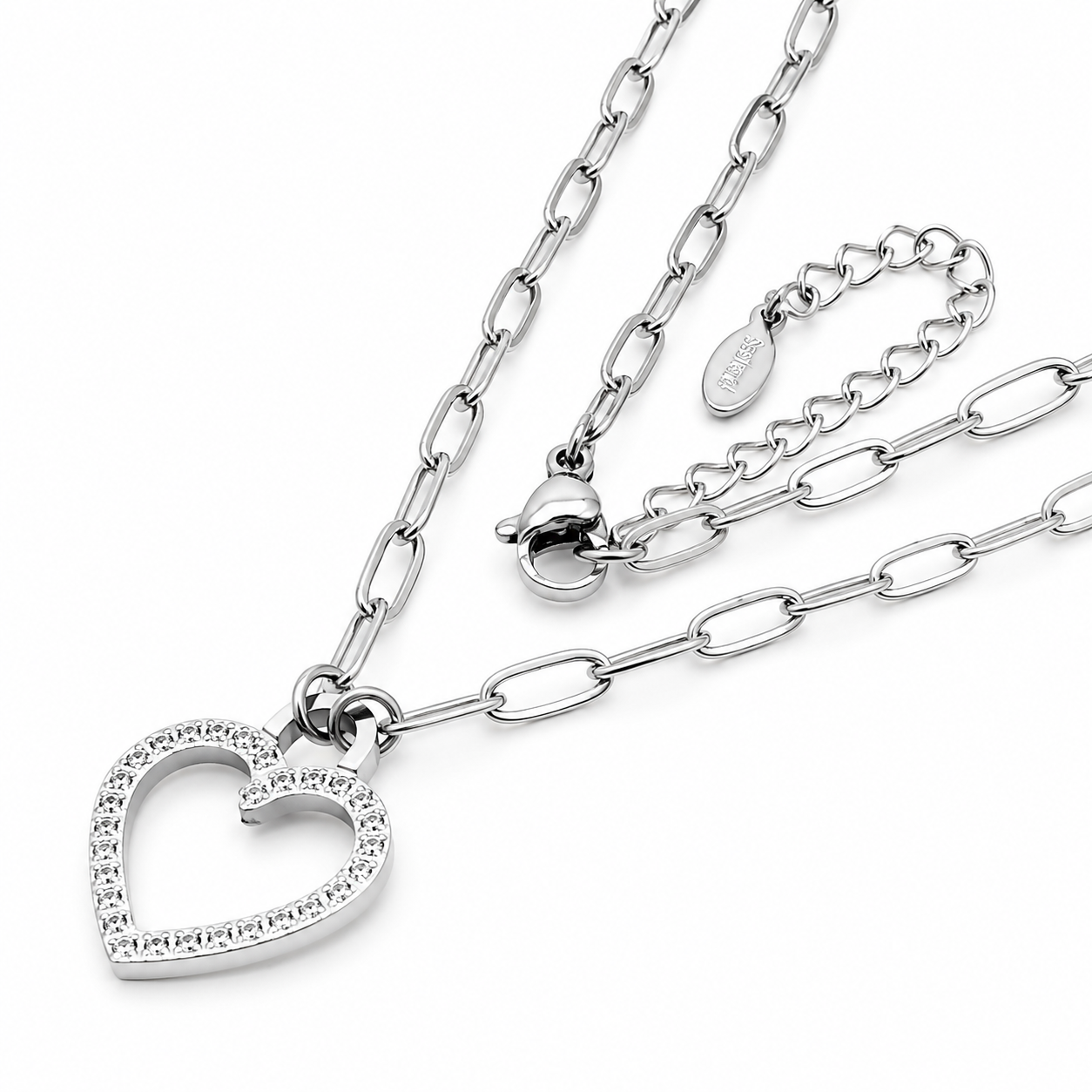 Crystal Heart Silver Stainless Steel Necklace