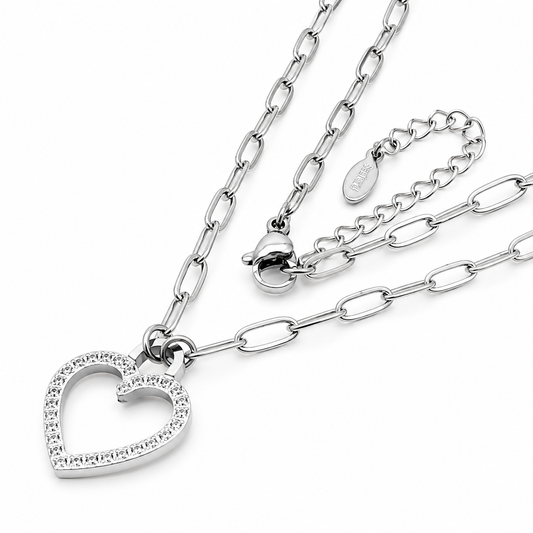 Crystal Heart Silver Stainless Steel Necklace