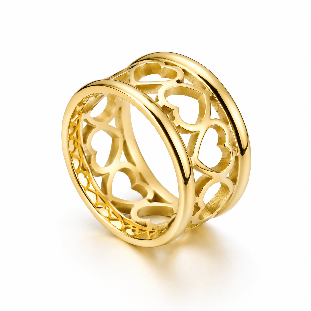 Gold Openwork Heart Band Ring Romantic Stainless Steel Statement Ring