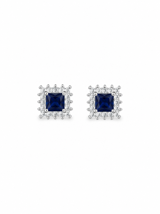 Inspired Blue Sapphire Halo Stud Earrings in 925 Sterling Silver