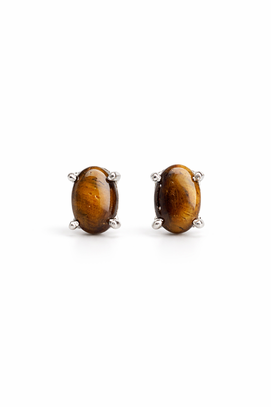 925 Sterling Silver Tiger Eye Stud Earrings Oval Natural Stone Earrings for Women