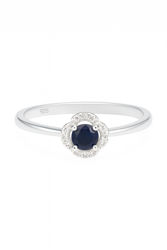 925 Sterling Silver Floral Halo Ring with Blue Stone