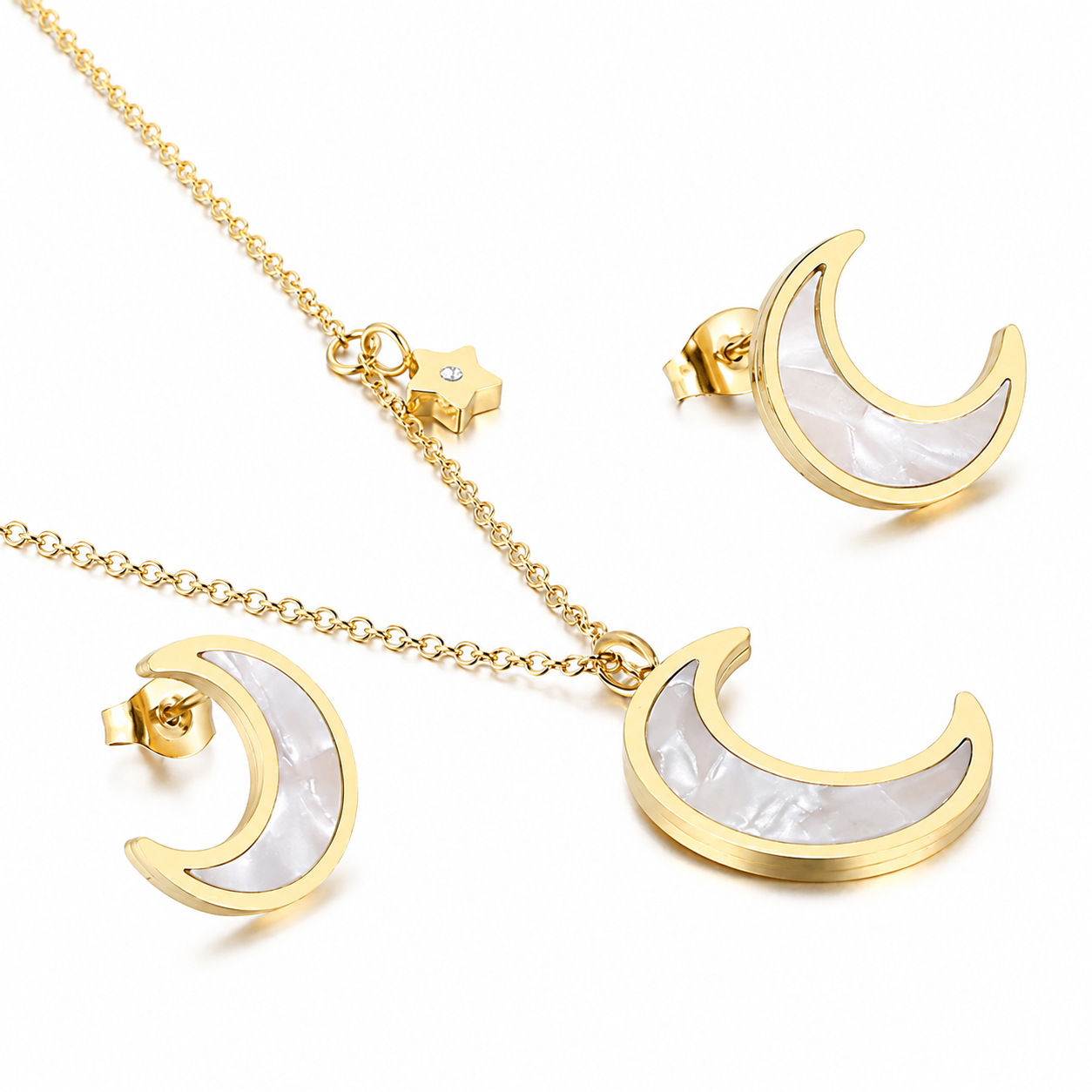 Gold Crescent Moon Jewelry Set Stainless Steel Necklace