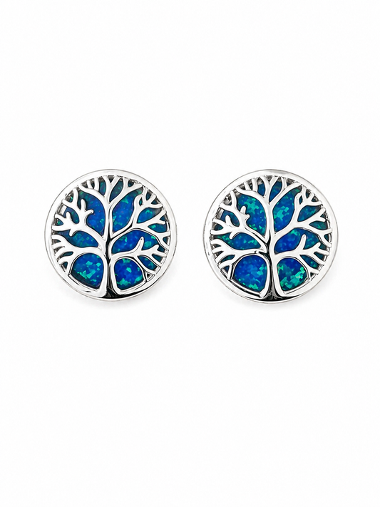 925 Sterling Silver Tree of Life Opal Earrings Blue Opal Inspire Round Studs with Nature Design