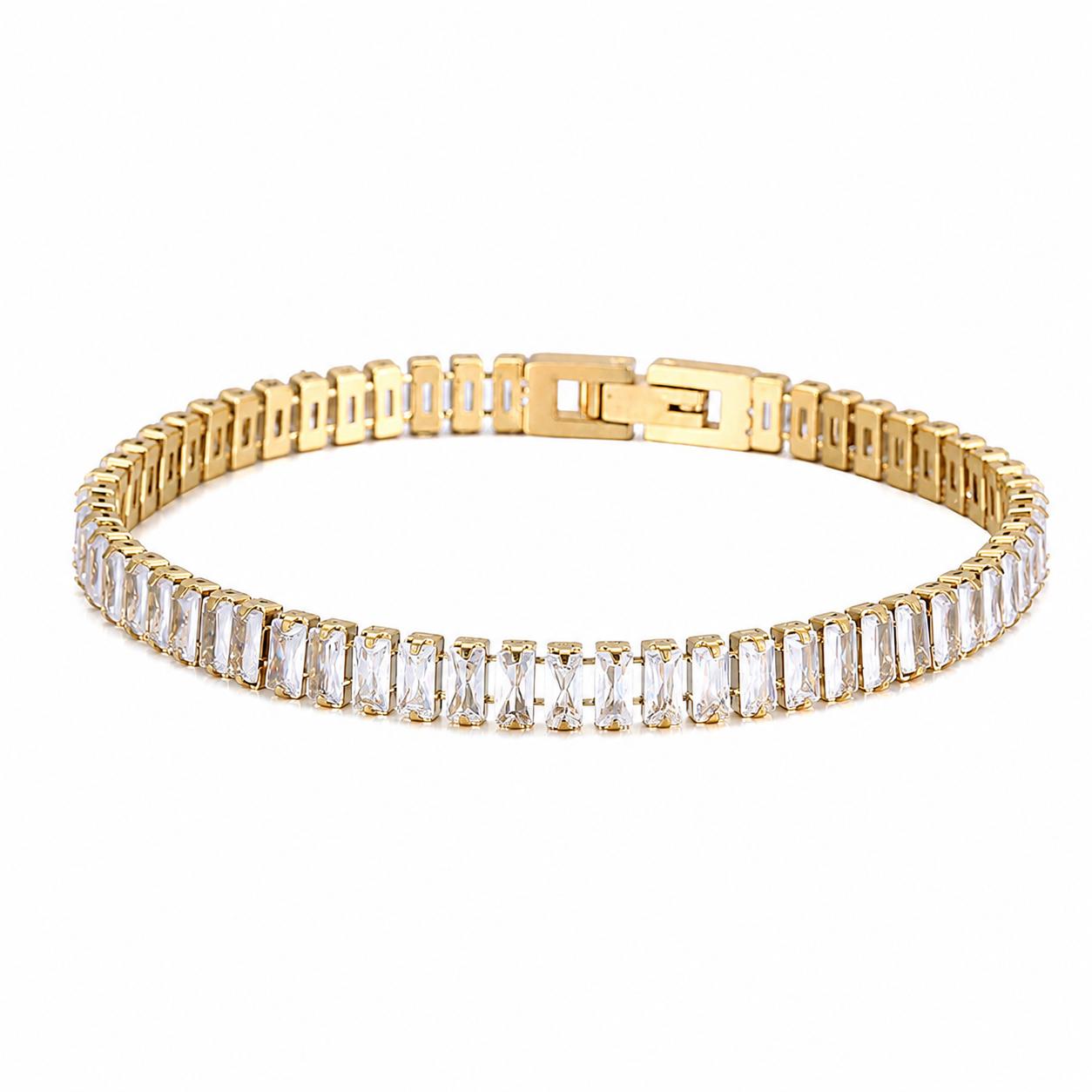 Gold Baguette Crystal Tennis Bracelet Colorful Stainless Steel Bracelet