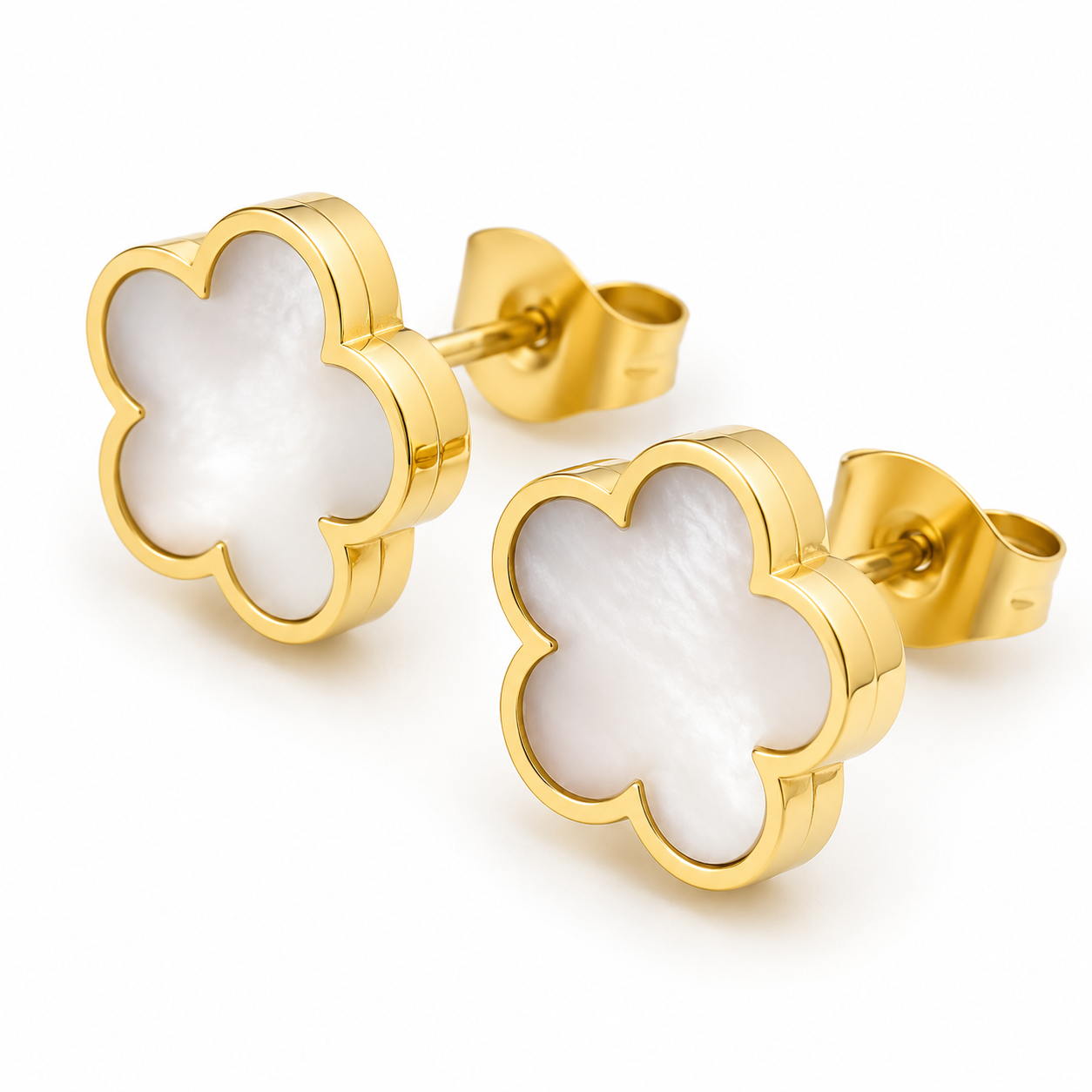 Gold Clover Stud Earrings Mother of Pearl Stainless Steel Earrings