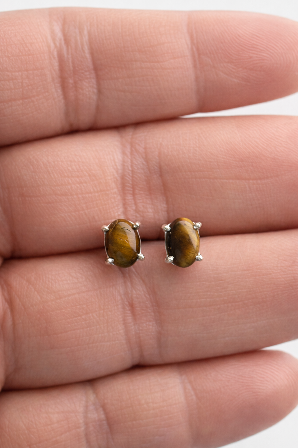 925 Sterling Silver Tiger Eye Stud Earrings Oval Natural Stone Earrings for Women