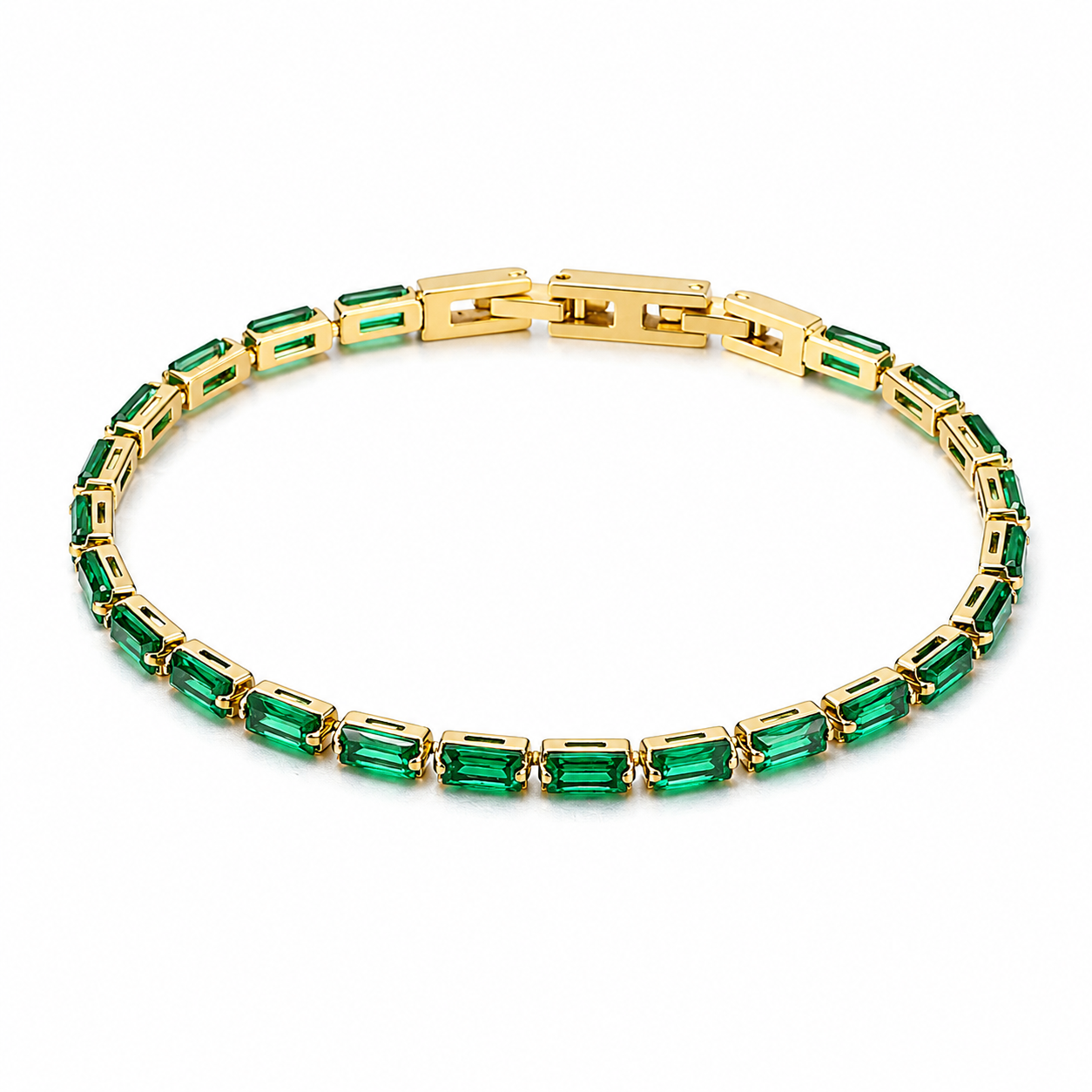Emerald Baguette Tennis Gold Stainless Steel Crystal Bracelet