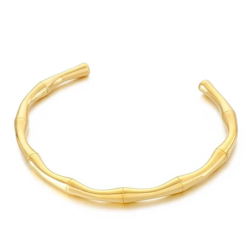 Gold Bamboo Cuff Bracelet for Women Minimalist Open Stainless Steel Bangle