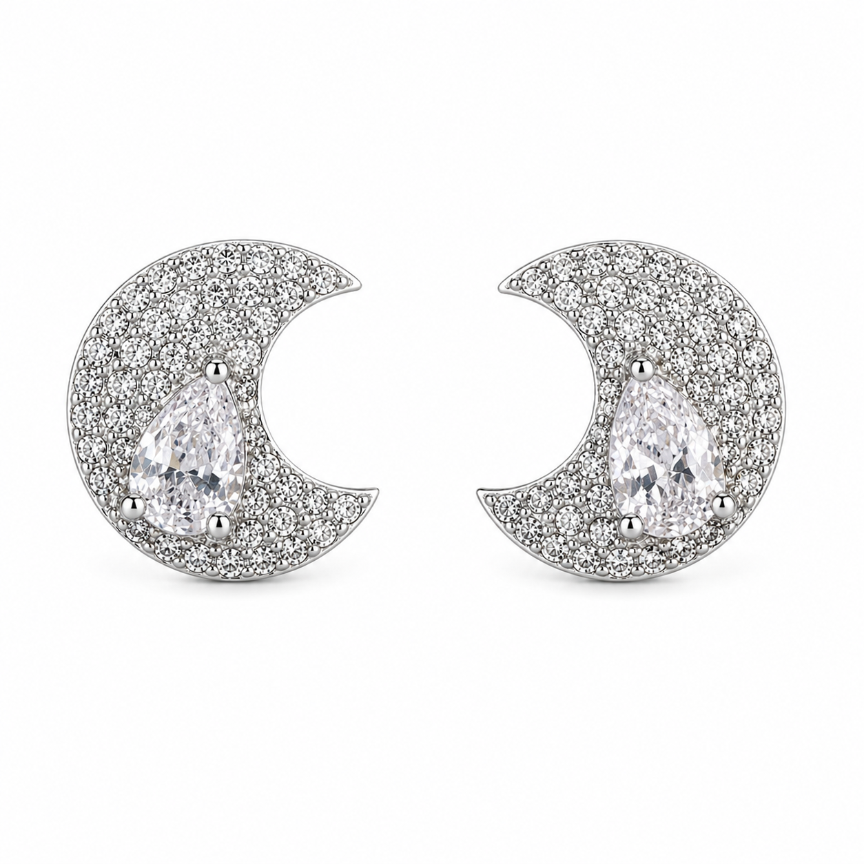 925 Sterling Silver Crescent Moon Earrings Pavé Crystal Moon Stud Earrings with Teardrop Stone