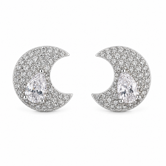 925 Sterling Silver Crescent Moon Earrings Pavé Crystal Moon Stud Earrings with Teardrop Stone