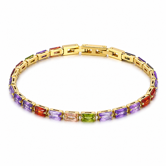 Pastel Rainbow Baguette Tennis Bracelet Gold Stainless Steel